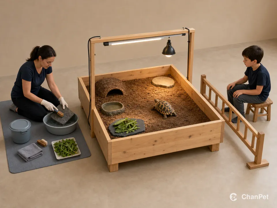 An adult cleans a feeding slate outside a complete Hermann's tortoise enclosure while a child watches from behind a low observation rail