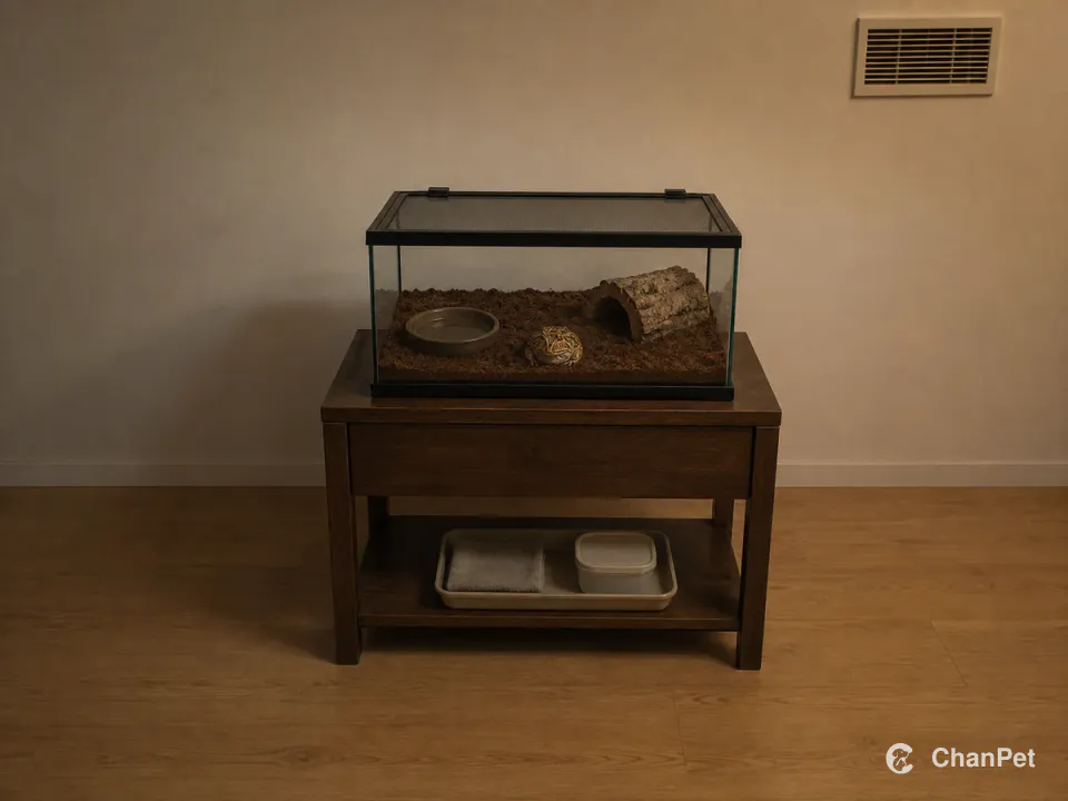A horned frog rests inside a closed terrarium on a fixed cabinet, with a distant air vent and cleaning tray below