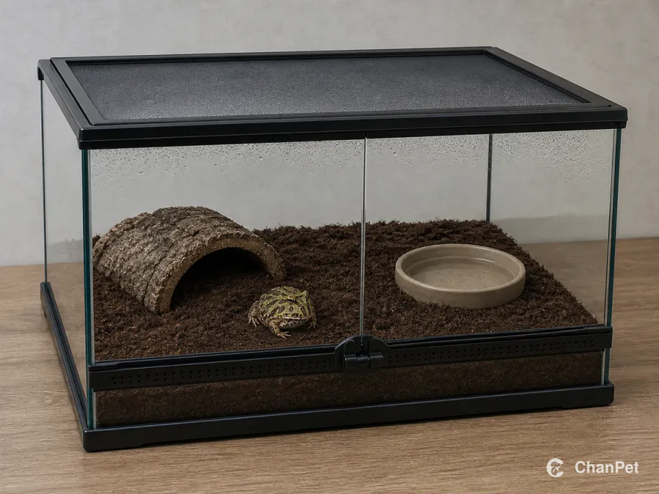 A horned frog rests on moist substrate inside a closed glass terrarium with a complete hide and shallow water dish.