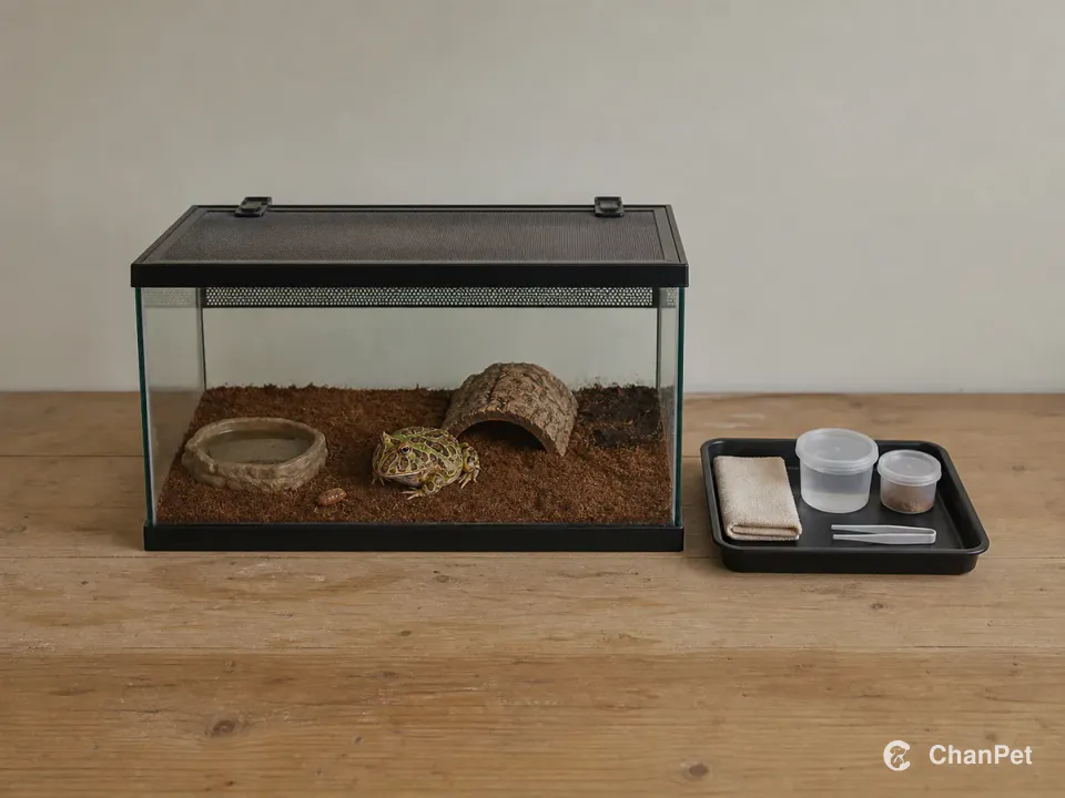 A horned frog rests inside a closed terrarium with damp substrate and a water dish beside a separate cleaning tray