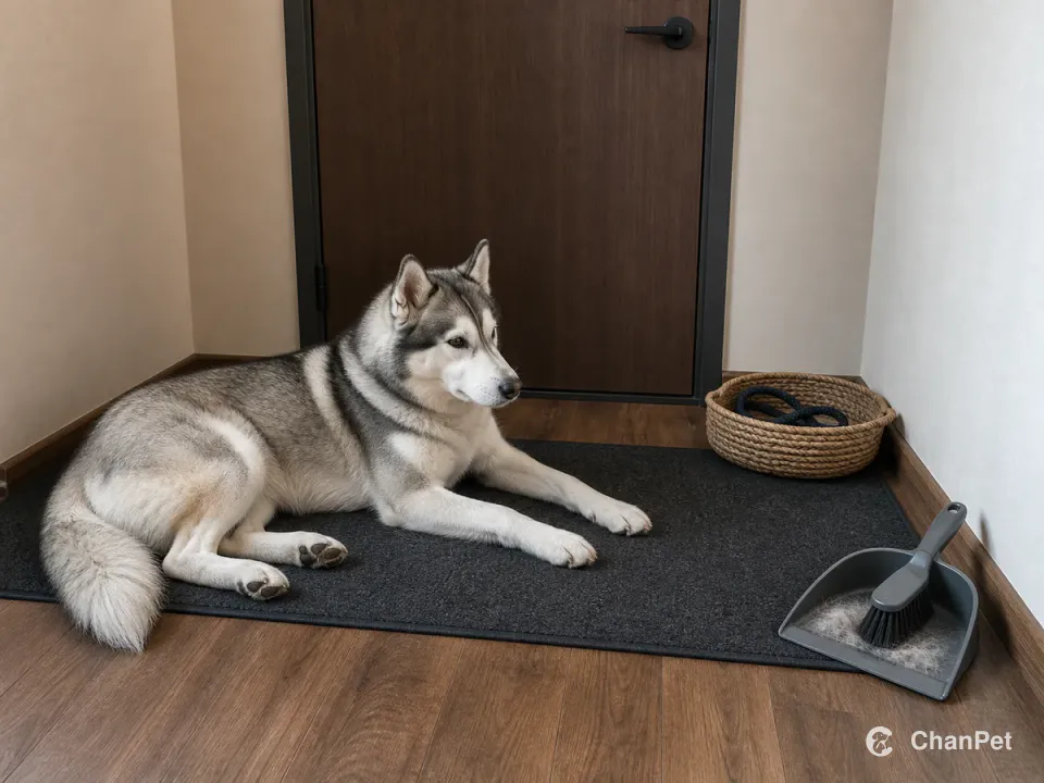 An adult gray-and-white Siberian Husky rests quietly at a closed apartment door beside a basket holding a leash and a dustpan with a small amount of gathered undercoat.