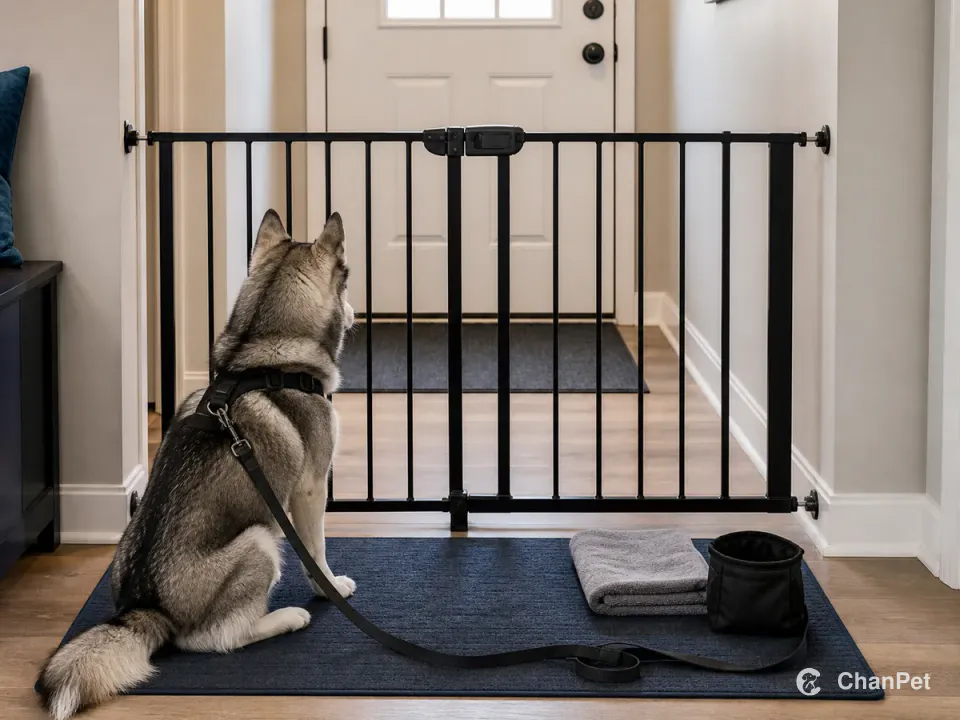 A gray-and-white Siberian Husky wears a fitted harness and sits with a loose leash behind a closed interior safety gate, with the exterior door also closed ahead.