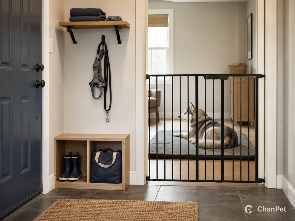 A gray-and-white Siberian Husky rests behind a closed interior safety gate, with the entry door also closed, walking gear stored at adult height, and child boots in a low family cubby.