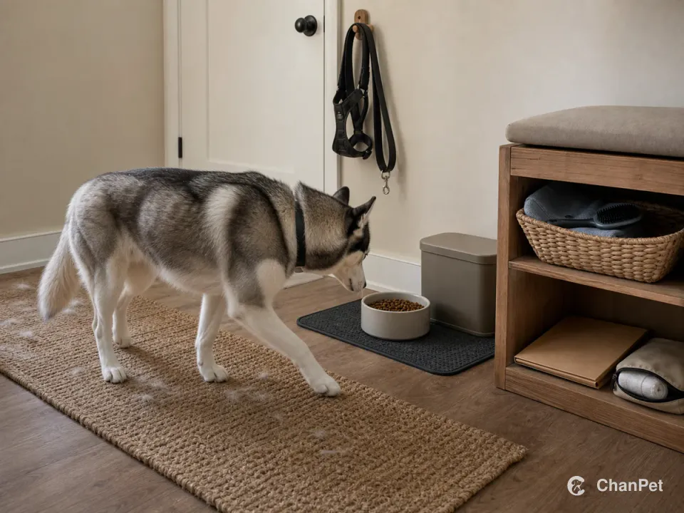 An adult gray-and-white Siberian Husky walks across a washable runner with a little loose undercoat, beside secure harness and leash gear, a fixed food bowl and storage bin, a basket with a fur brush and cleaning cloth, and a low cubby holding a blank health folder and emergency-care pouch.