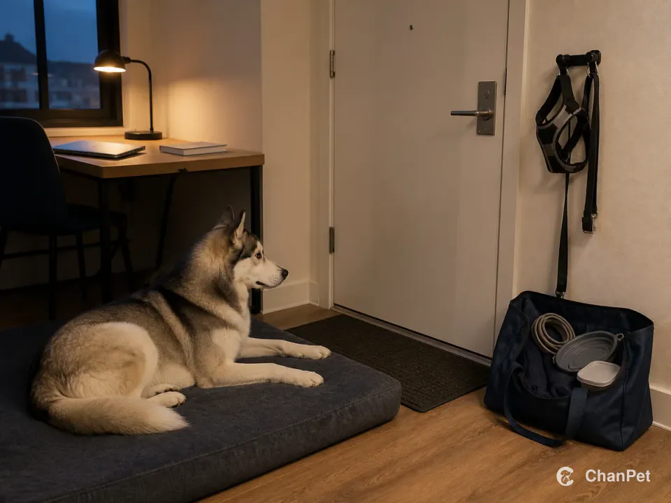 A gray-and-white Siberian Husky rests beside a student desk, while a harness and leash hang by the closed entry door and an open handover tote holds spare care supplies.