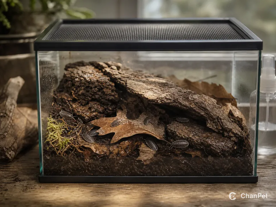 A small group of isopods moves through leaves, bark, and moist substrate in a clear terrarium with a ventilated lid; an unlabelled spray bottle stands outside the enclosure.