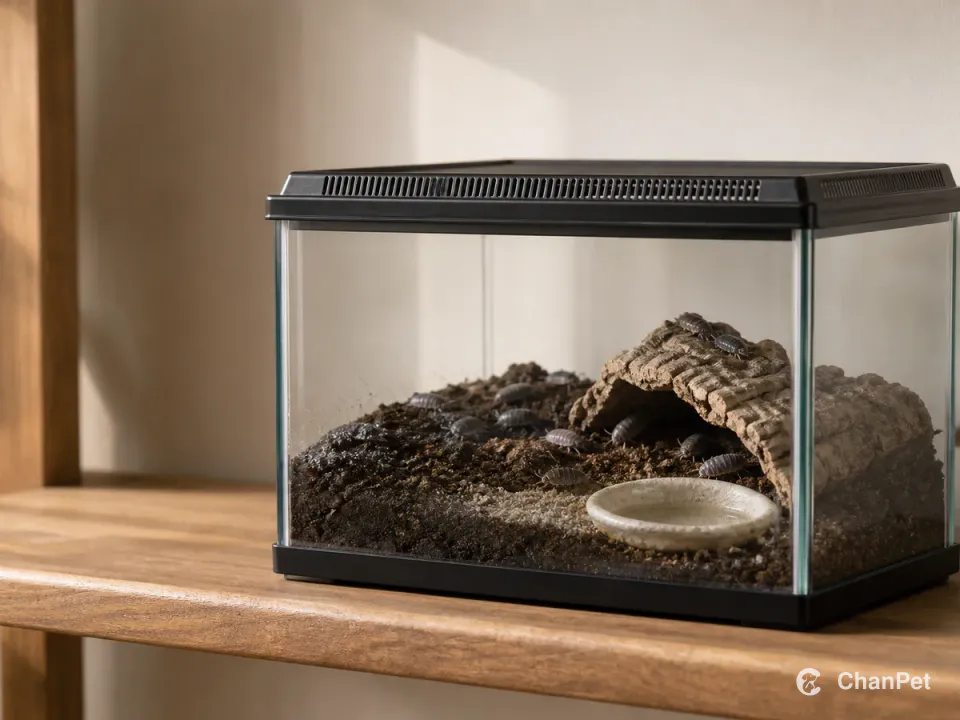 A closed glass micro-terrarium on a wooden shelf holds terrestrial isopods near dark substrate and a cork shelter.