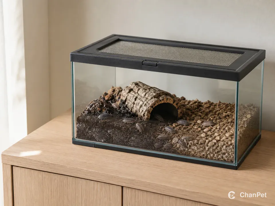 A closed glass terrarium with a fine ventilated lid holds terrestrial isopods around dark and light substrate zones and a cork shelter.
