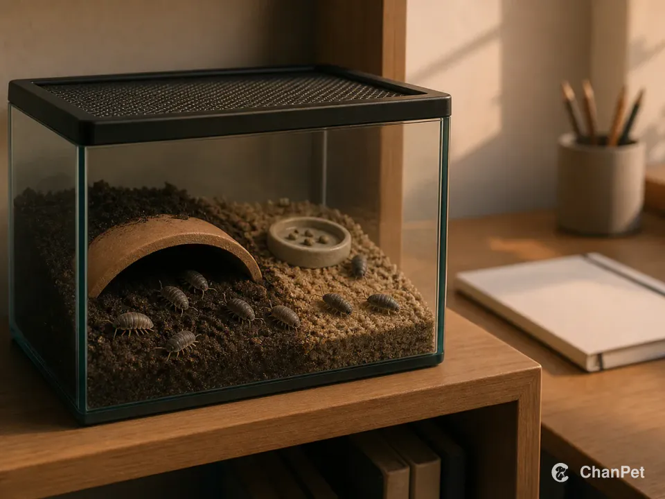 A closed glass micro-terrarium on a shelf holds isopods around a moisture gradient, ceramic hide, and modest food dish