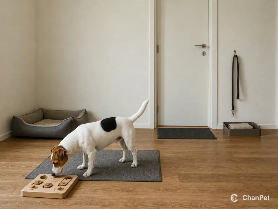 A Jack Russell Terrier stands with all four paws on a mat away from the closed apartment door, using a scent puzzle between the leash station and resting bed.