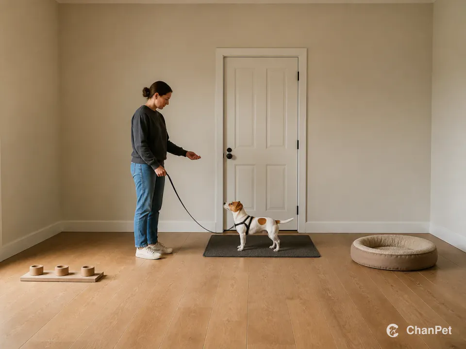 A caregiver rewards a Jack Russell Terrier waiting on a mat by the closed door, with a scent board and dog bed set along the indoor route