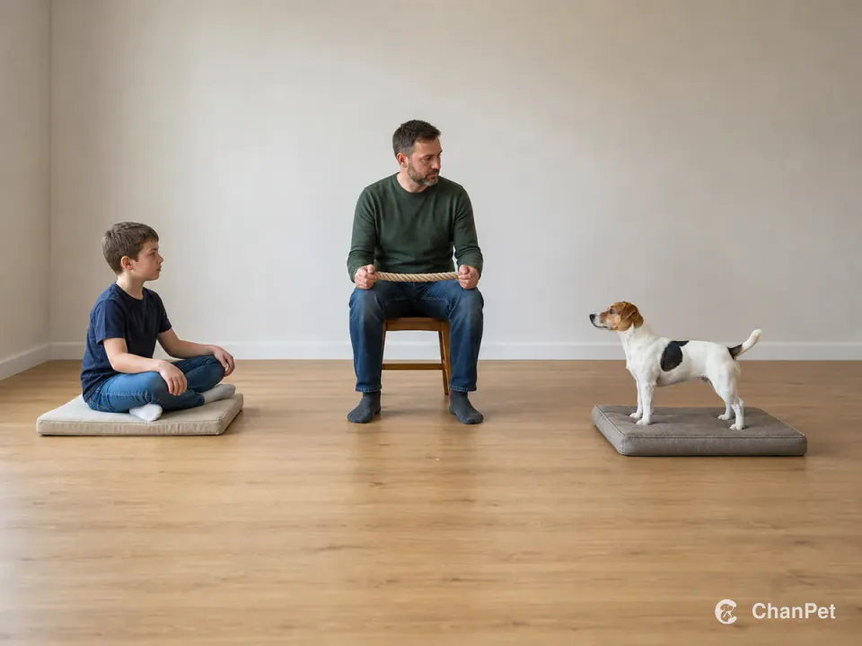成人把拉扯玩具收在膝上并坐在孩子和杰克罗素梗之间，孩子停在坐垫上，犬四爪站回休息床