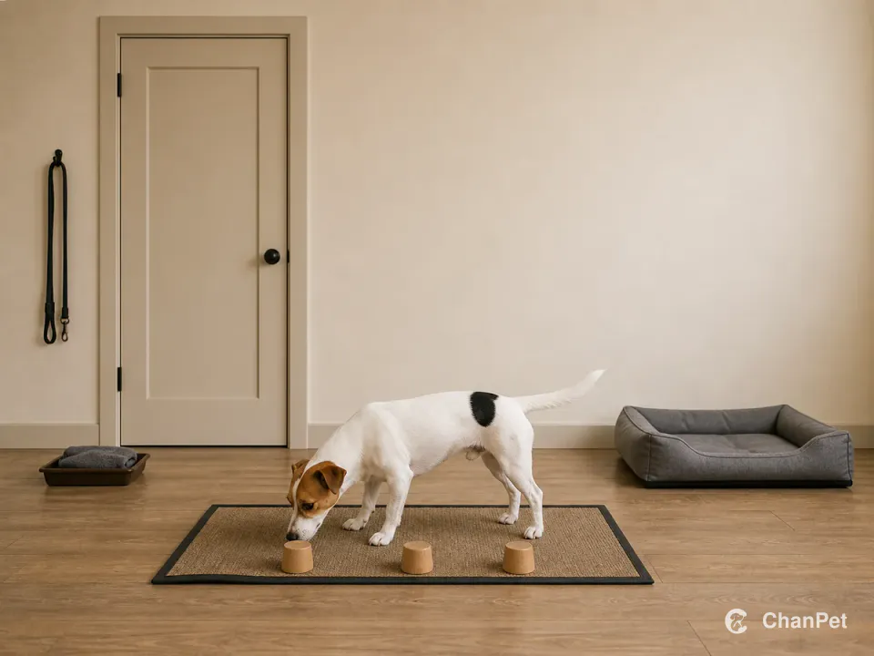 A Jack Russell Terrier stands with four paws on a training mat and investigates three scent cups between a closed door station and a complete resting bed.