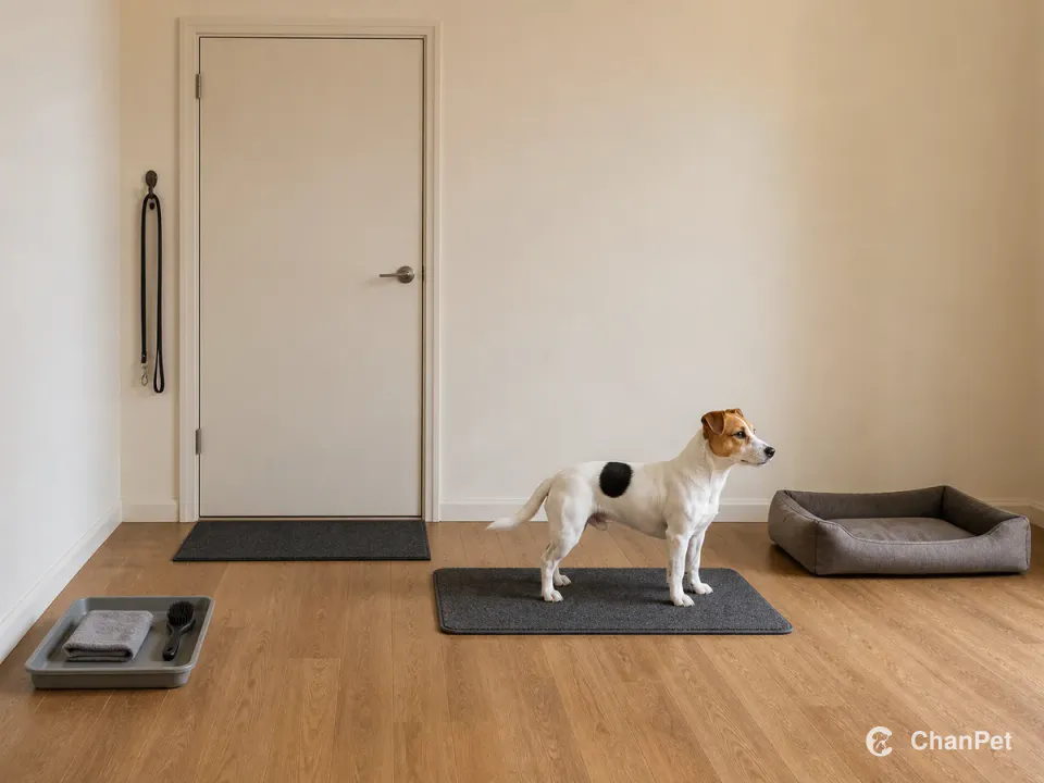 A Jack Russell Terrier stands with four paws on a quiet mat away from a closed door, with an entry mat, leash, towel-and-brush tray and complete resting bed.