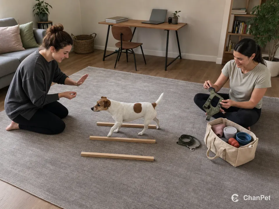 A Jack Russell Terrier walks through a short floor exercise while a student trains it and another adult packs backup-care gear