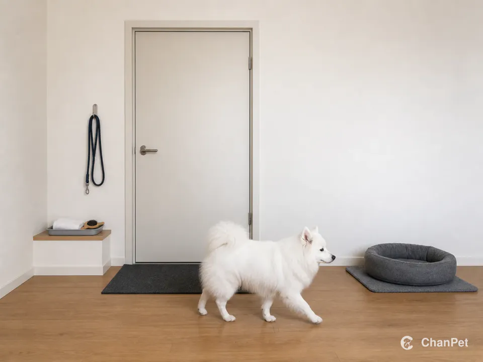 A Japanese Spitz walks from a closed apartment door and absorbent mat toward a quiet bed, with the lead, towel, and brush kept at the entry.