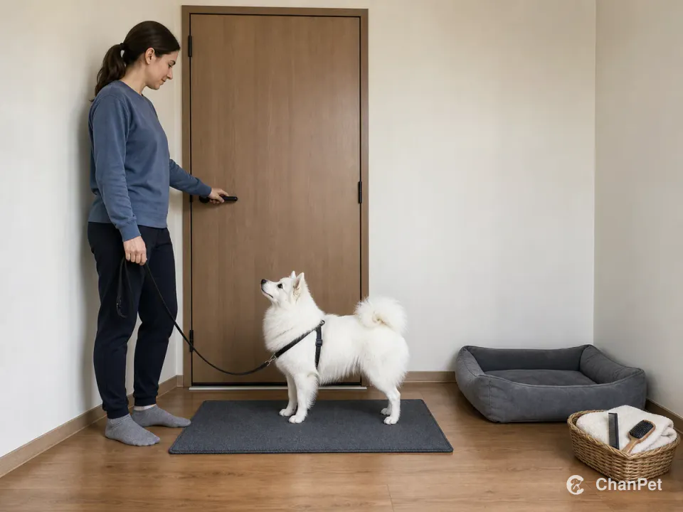 A harnessed Japanese Spitz pauses on a mat inside a closed door while its caregiver holds a slack leash and the door handle.