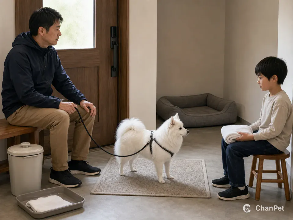 大人在门边握住日本尖嘴犬的松弛牵引，孩子坐在远处拿着毛巾，狗床保持空着供它休息