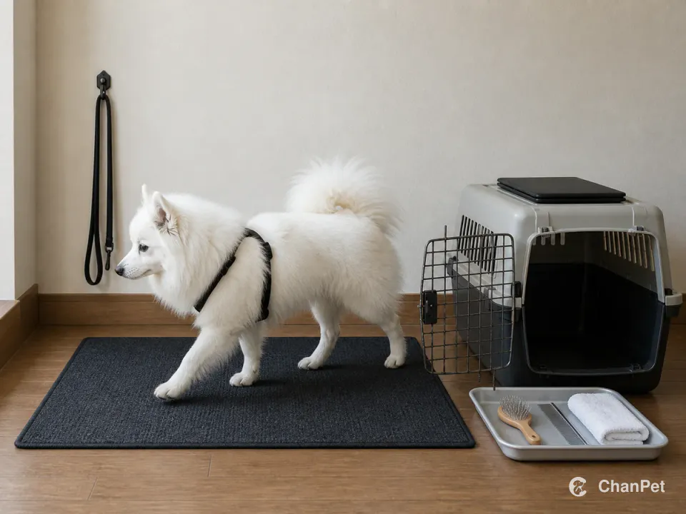 A harnessed Japanese Spitz steps onto a washable mat beside a stored lead, open carrier, coat tools, towel, and blank records folio.