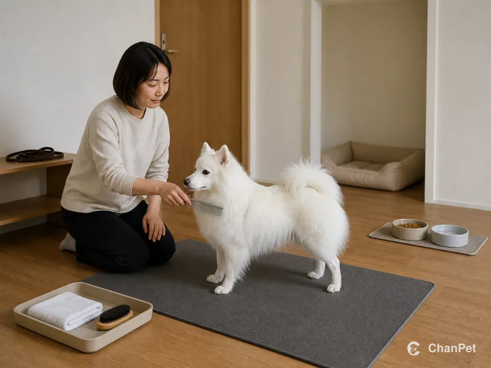 照护者在固定垫上为日本尖嘴犬短梳，旁边备好毛巾和刷子，食水、牵引与安静狗床各有位置