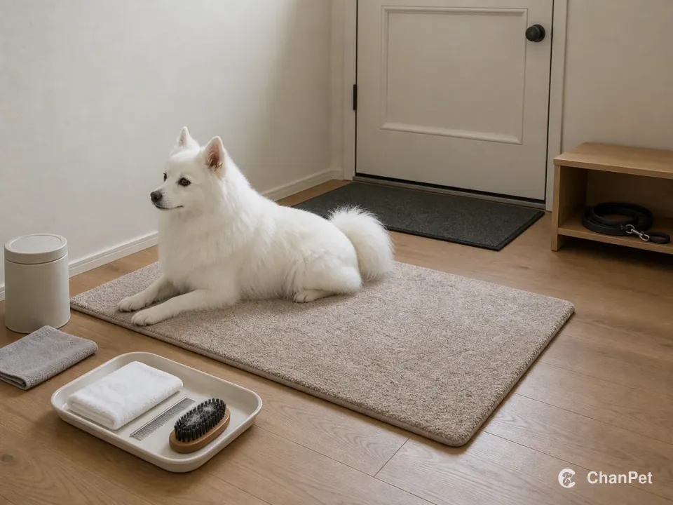 日本尖嘴犬在离门一段距离的固定垫上安静休息,门边收好牵引,梳子、毛巾和清洁用品集中摆放