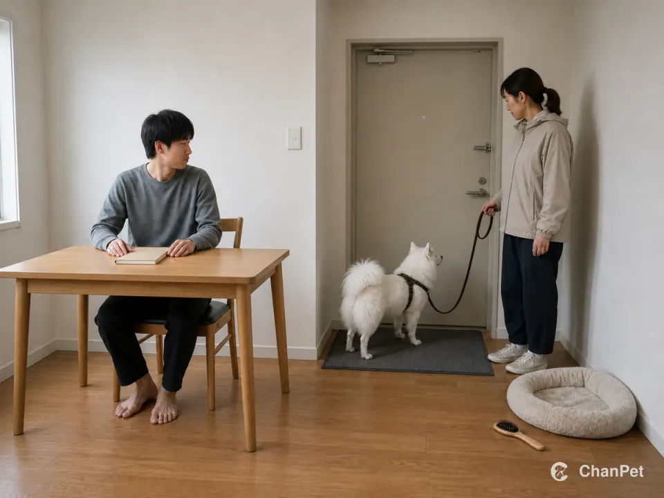 A student stays at a blank desk while a backup caregiver prepares to walk a Japanese Spitz at the door beside its complete bed and grooming brush