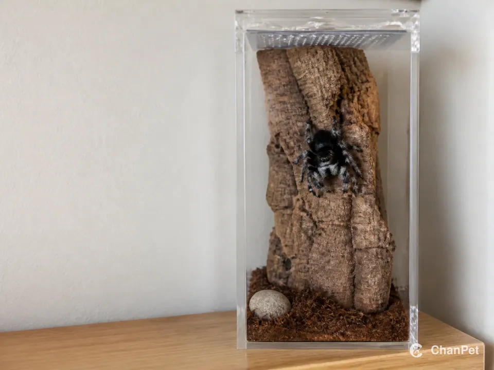 A jumping spider resting on cork inside a closed clear vertical enclosure on a narrow cabinet beside an apartment wall.