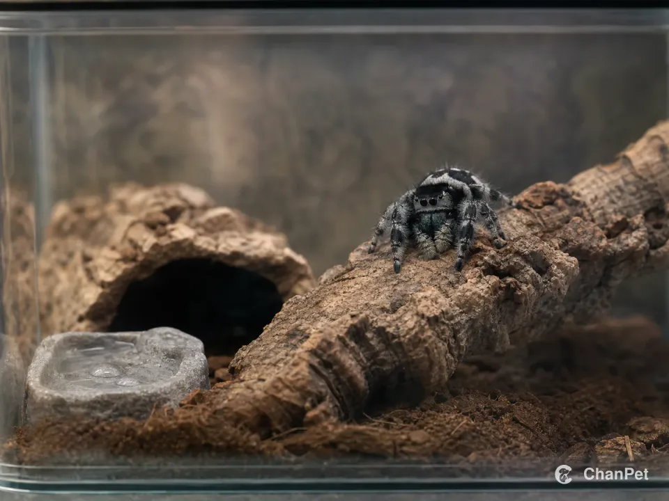 A black-and-white jumping spider on a cork branch in a closed enclosure beside a hide and shallow water area