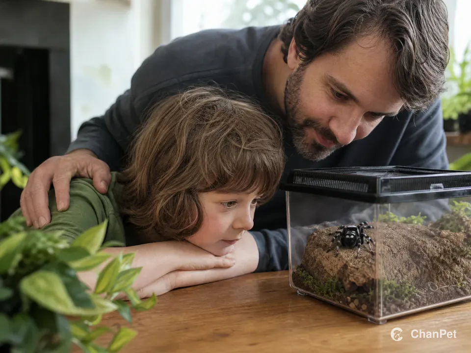 An adult and child observe a jumping spider through the wall of its enclosure