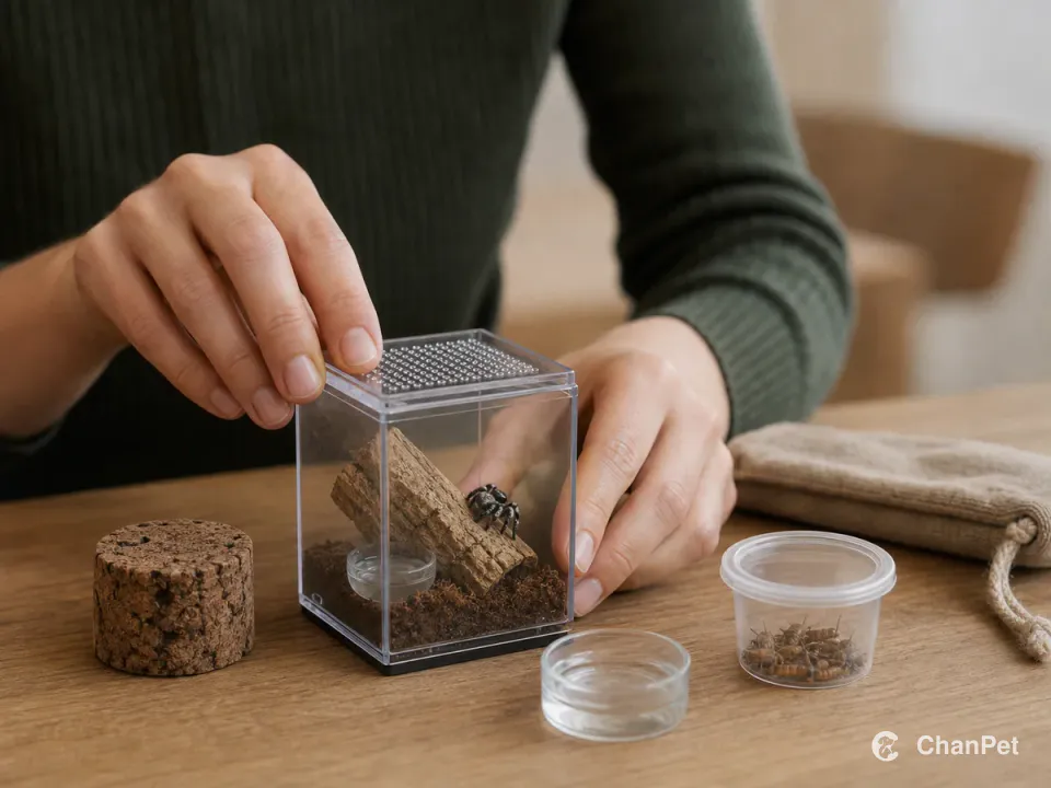 An adult arranges a small jumping-spider habitat and simple care essentials