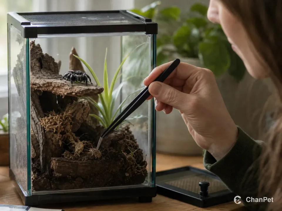An adult uses soft tweezers for a brief check of a jumping-spider enclosure