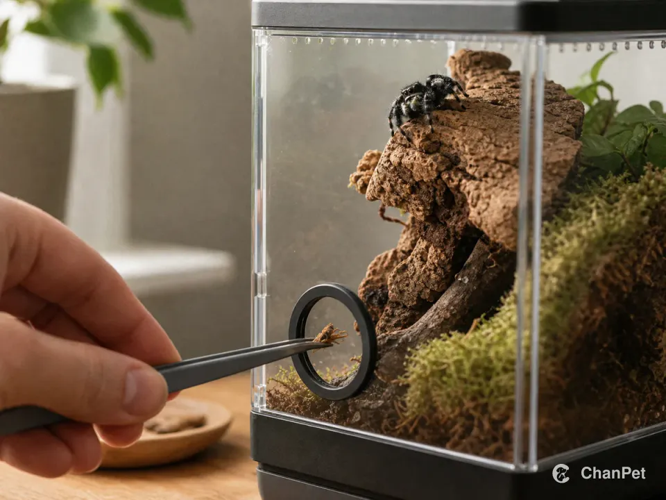 An adult uses tweezers to remove a leftover feeder from a jumping-spider enclosure