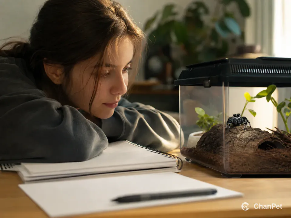 A student watches a jumping spider from a desk beside blank notes