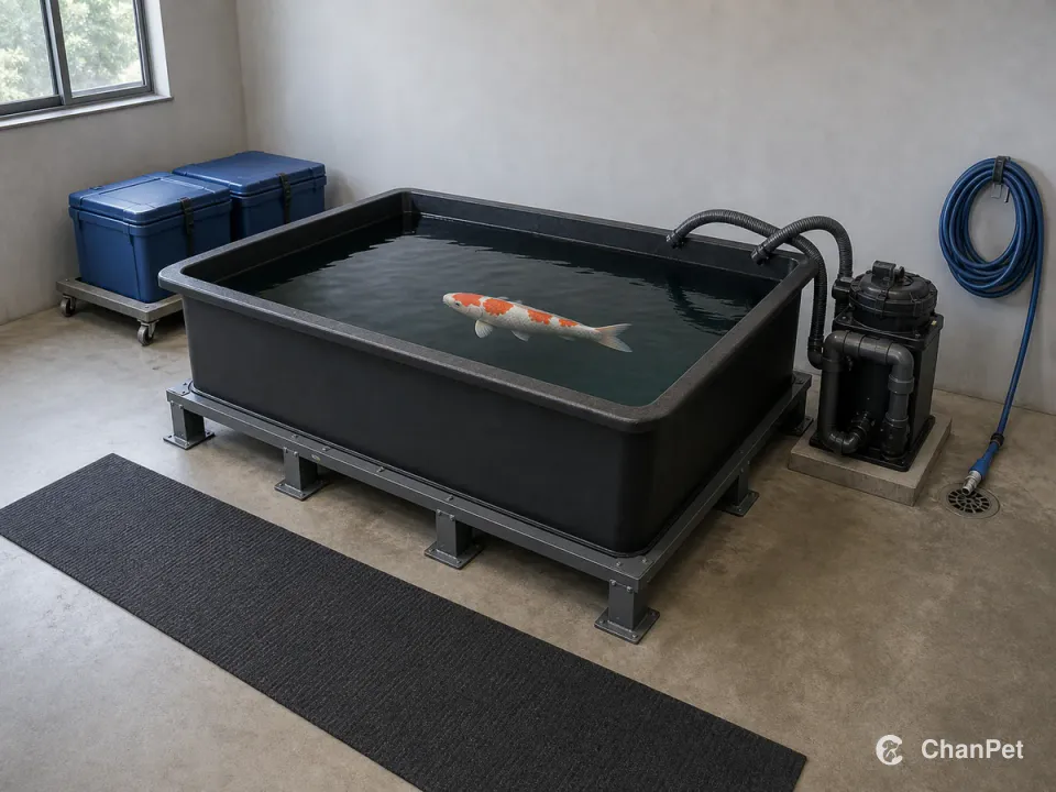 A mature koi swims in a large low pond on a load-spreading platform beside external filtration, a water-change hose and empty transport tubs