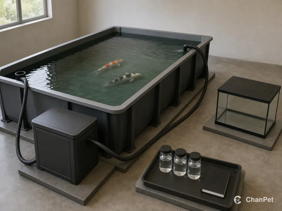 Two koi swim in a complete holding pond while intake, filter, return, water samples, and records form one visible care system
