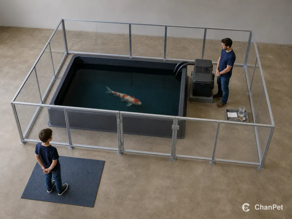 A mature koi swims in a large pond while an adult stays inside the closed filter enclosure and a child observes from a mat beyond the barrier