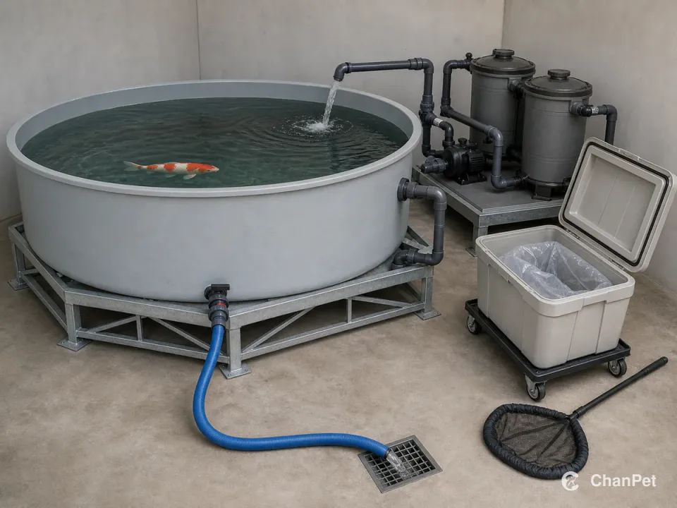 A single adult Kohaku koi swims in a large supported pond with a complete filtration return, water-change hose, and transport container arranged around it.