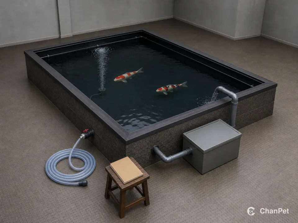 Two adult koi swim in a complete service pond with a working filter return, aeration and a prepared water-change hose.