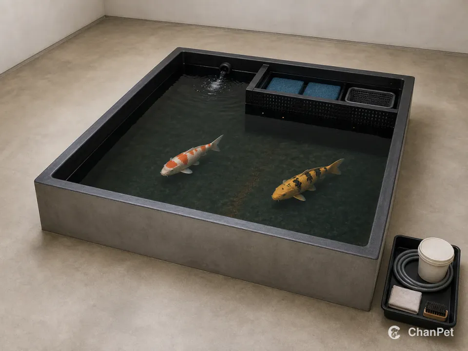 Two adult koi swim in a complete indoor pond with an integrated filter chamber and water-change tools stored beside it