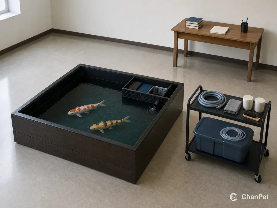 两条锦鲤在完整室内池中游动，旁边推车收好换水工具、备用用品和封闭运输桶，后方是无字学习桌