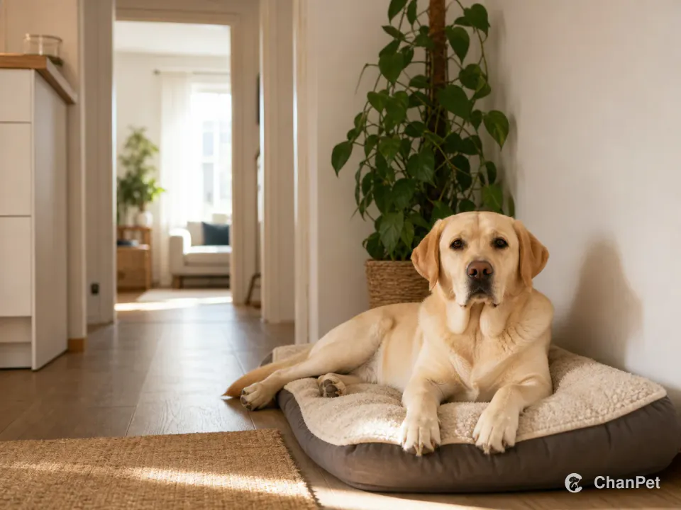 An adult yellow Labrador resting on a bed beside a clear apartment doorway route.