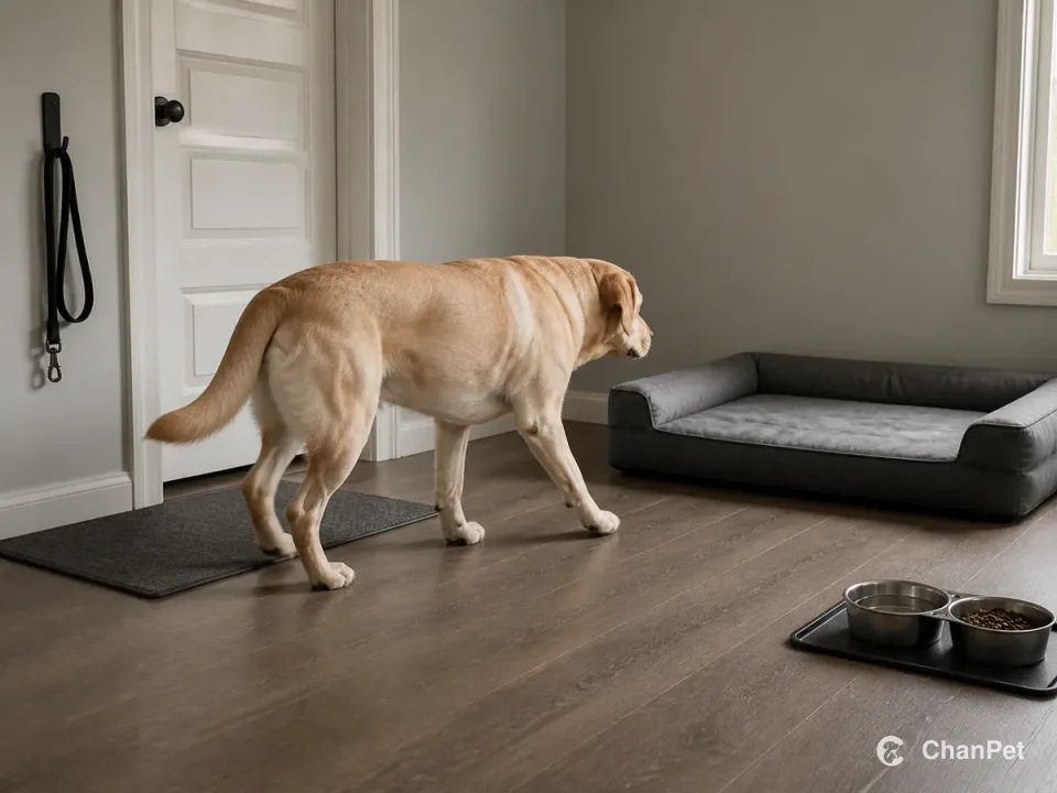 An adult Labrador naturally walking between a waiting mat and durable resting bed, with a stored lead and separate food-and-water area nearby.