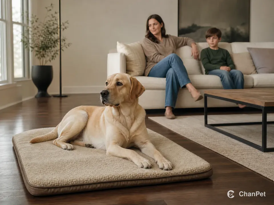 A yellow Labrador resting on its own mat while an adult and child sit several feet away on a sofa.