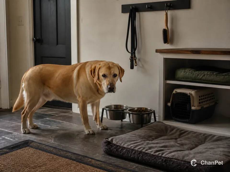 A Labrador Retriever stands inside a home entry beside food and water, a durable bed, stored lead, plain brush and carrier.