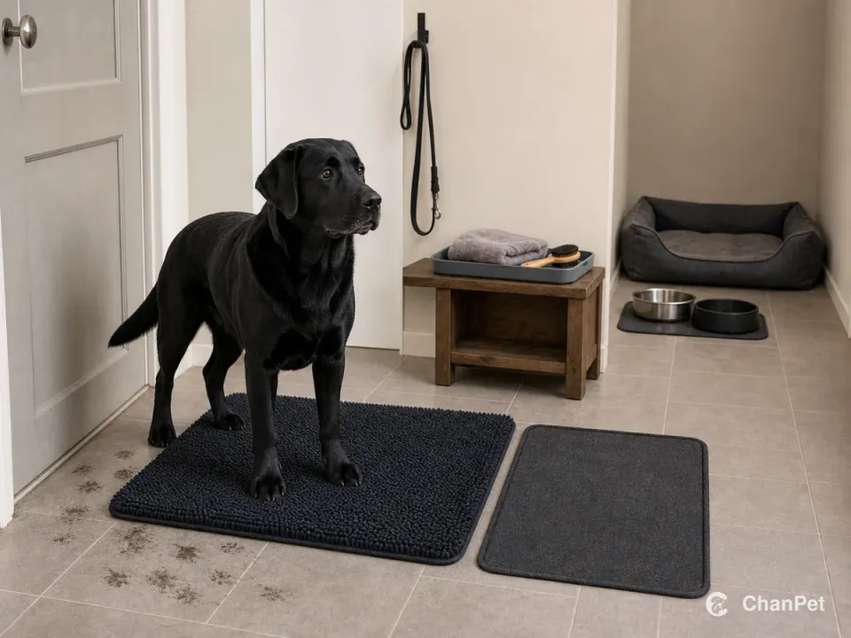 An adult black Labrador stands on a paw-cleaning mat beside a waiting mat and stored leash, with towel, grooming tools, food, water and bed in separate areas.