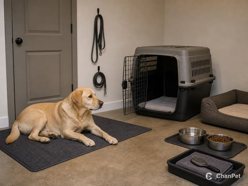 An adult yellow Labrador rests quietly on a waiting mat beside two stored leads, a roomy carrier, food, water, bed and grooming tools.