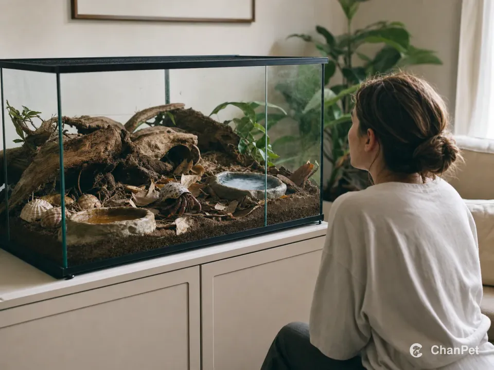A person looking at a naturalistic land hermit crab enclosure in a compact, tidy room