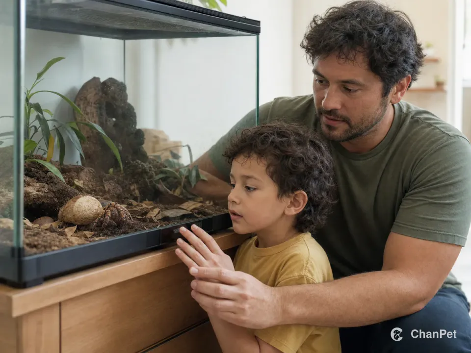 An adult gently guiding a child's hands while they watch a land hermit crab through enclosure glass