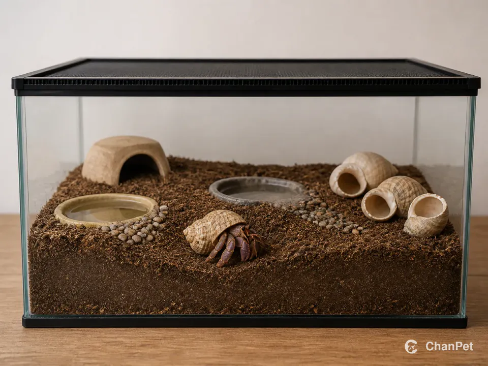 A land hermit crab stands on deep substrate inside a closed glass habitat with two water pools and empty spare shells