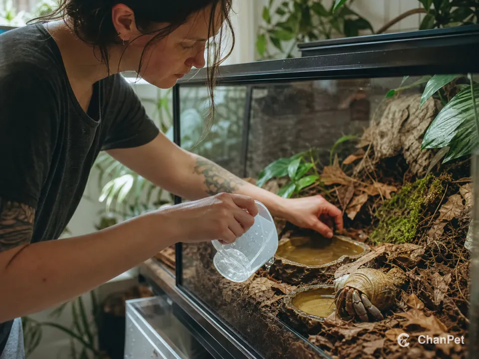 A caregiver refreshing substrate and checking water beside a glass land hermit crab enclosure